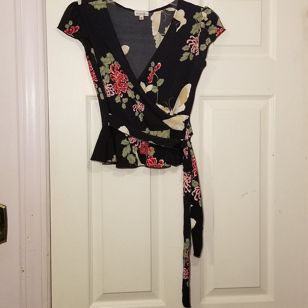 Charlotte Russe Black Floral Print Wrap Blouse